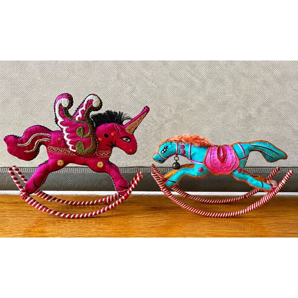 Vintage Fabric Rocking Horse Pair Embroidered Sequins Boho Folk Art Decor